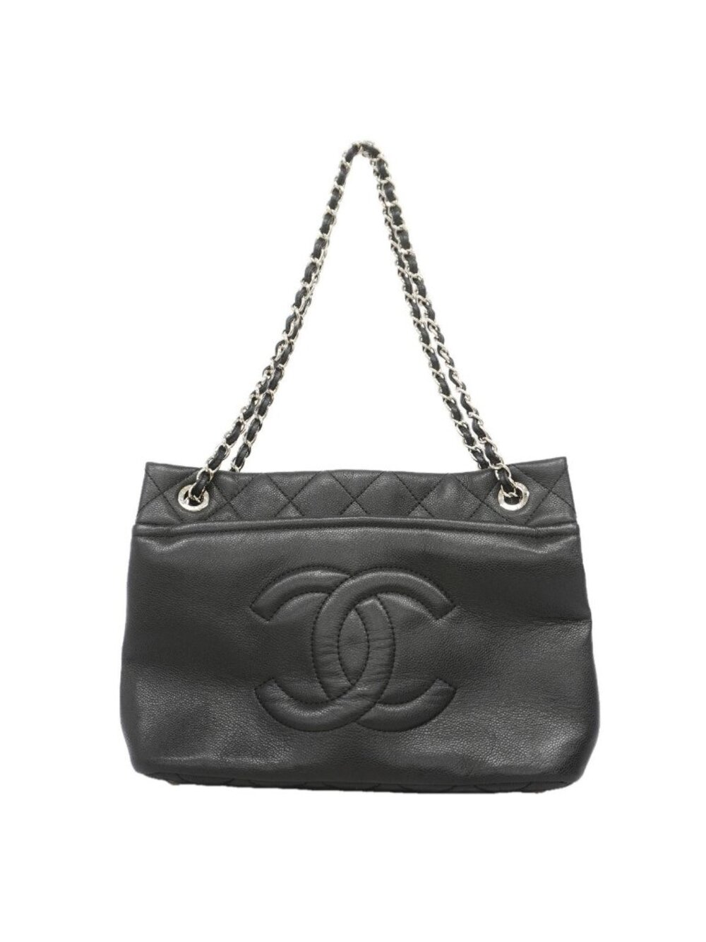 Chanel Chain Tote Bag Quilted Caviar Leather Black Silver